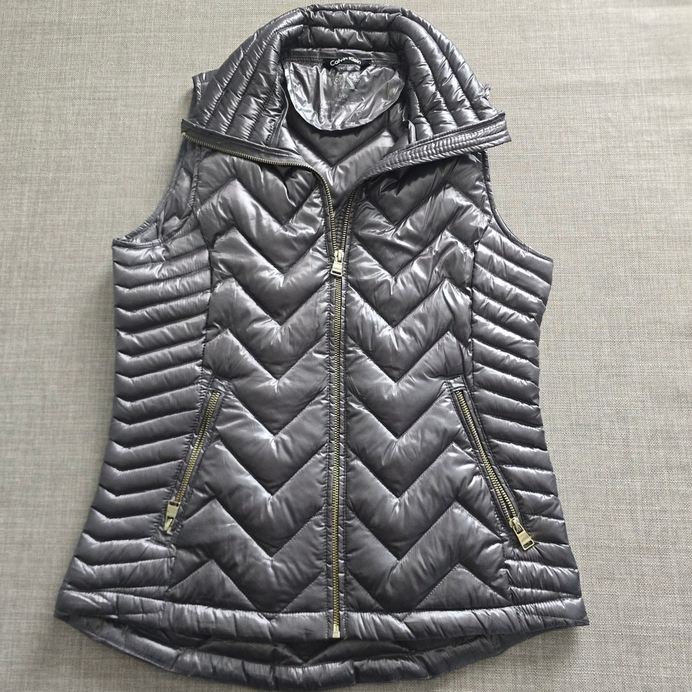 Calvin Klein Premium Down Puffer Vest Gray Metallic Chevron Quilted Small - Picture 2 of 9